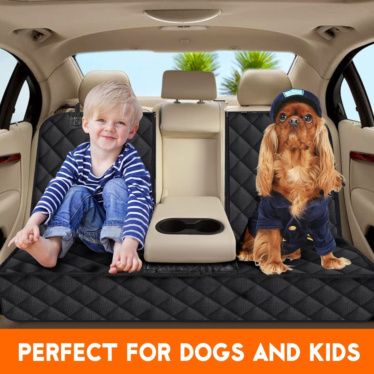 Waterproof Bench Car Seat Cover for Dogs, Non-Slip Rear Seat Cover Fits Middle Armrest for Most Cars Trucks & SUV's - Black