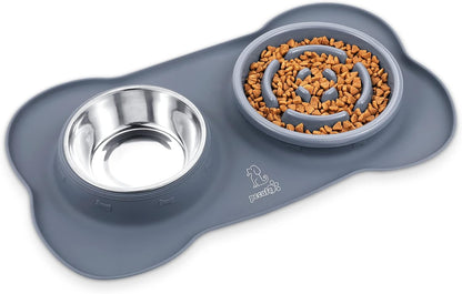 Slow Feeder Bowl with No-Spill Non-Skid Silicone Mat, Food-Grade Safe, Stainless Steel Bowls