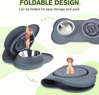 Slow Feeder Bowl with No-Spill Non-Skid Silicone Mat, Food-Grade Safe, Stainless Steel Bowls