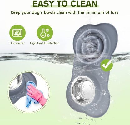 Slow Feeder Bowl with No-Spill Non-Skid Silicone Mat, Food-Grade Safe, Stainless Steel Bowls