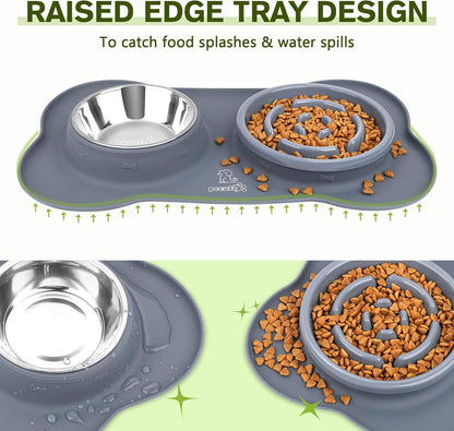 Slow Feeder Bowl with No-Spill Non-Skid Silicone Mat, Food-Grade Safe, Stainless Steel Bowls