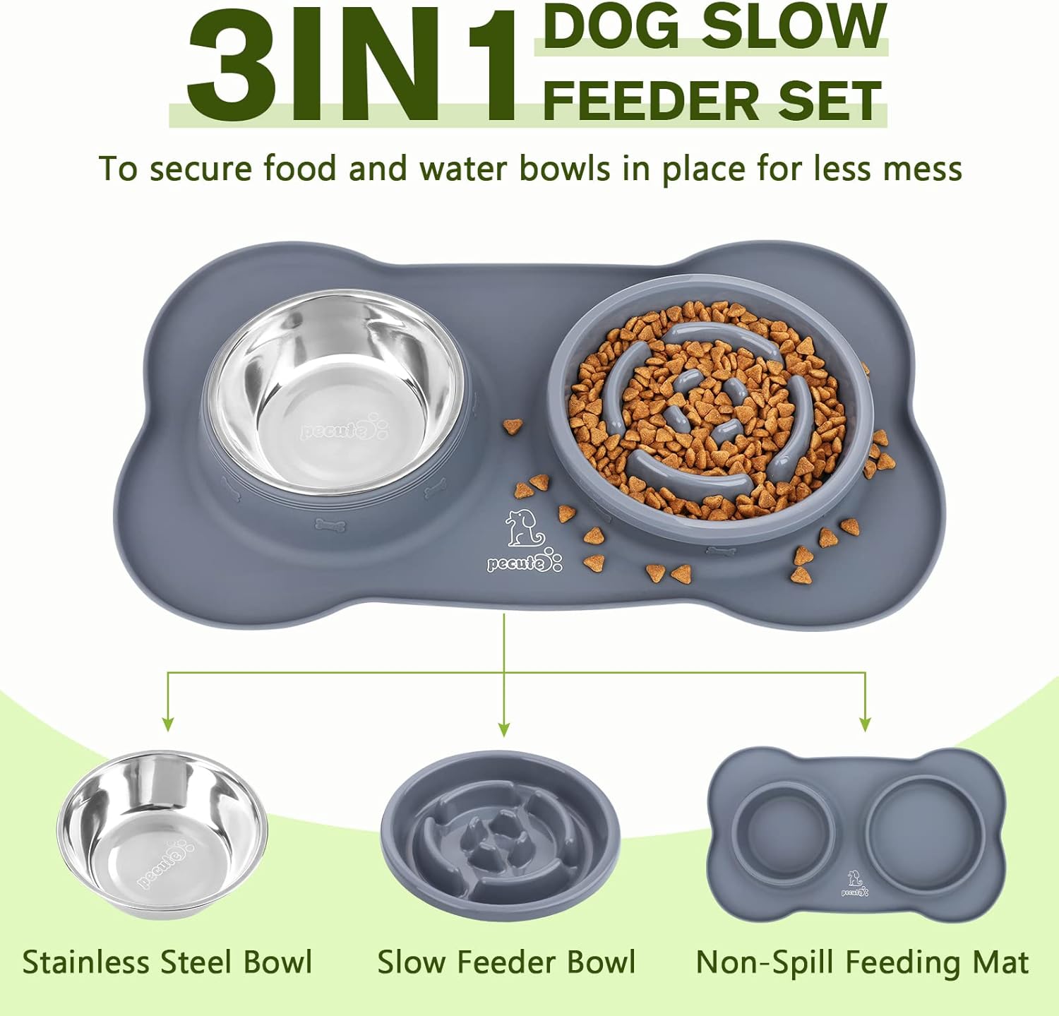 Slow Feeder Bowl with No-Spill Non-Skid Silicone Mat, Food-Grade Safe, Stainless Steel Bowls