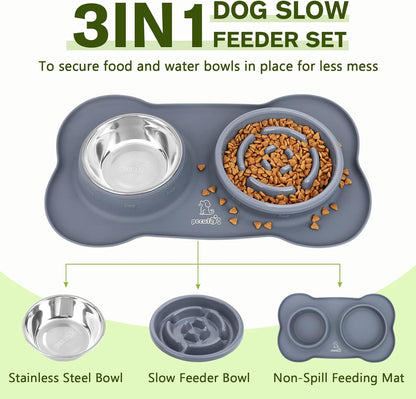 Slow Feeder Bowl with No-Spill Non-Skid Silicone Mat, Food-Grade Safe, Stainless Steel Bowls