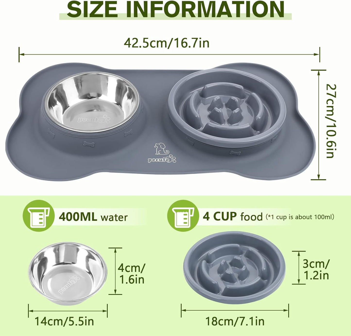 Slow Feeder Bowl with No-Spill Non-Skid Silicone Mat, Food-Grade Safe, Stainless Steel Bowls