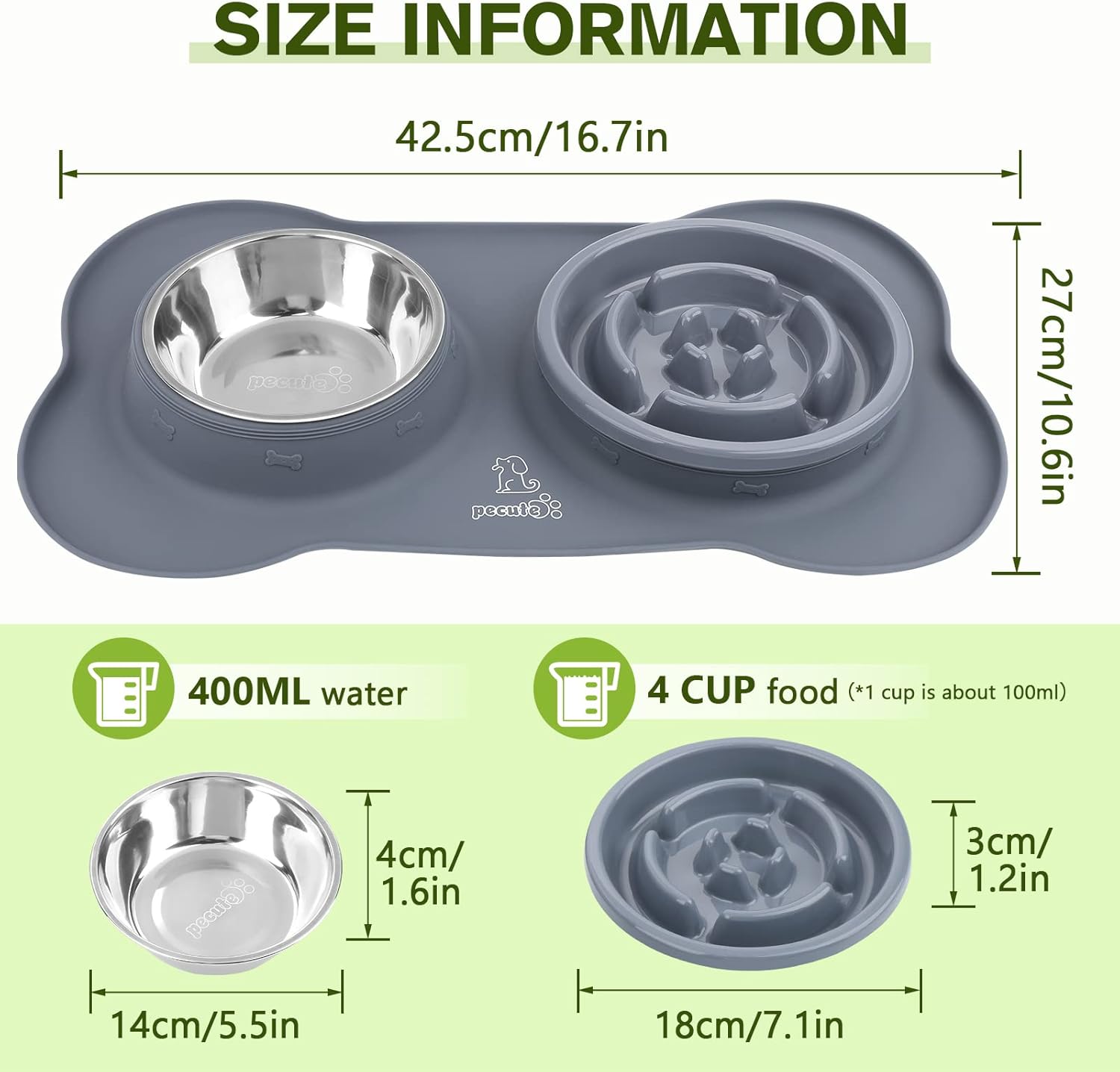 Slow Feeder Bowl with No-Spill Non-Skid Silicone Mat, Food-Grade Safe, Stainless Steel Bowls