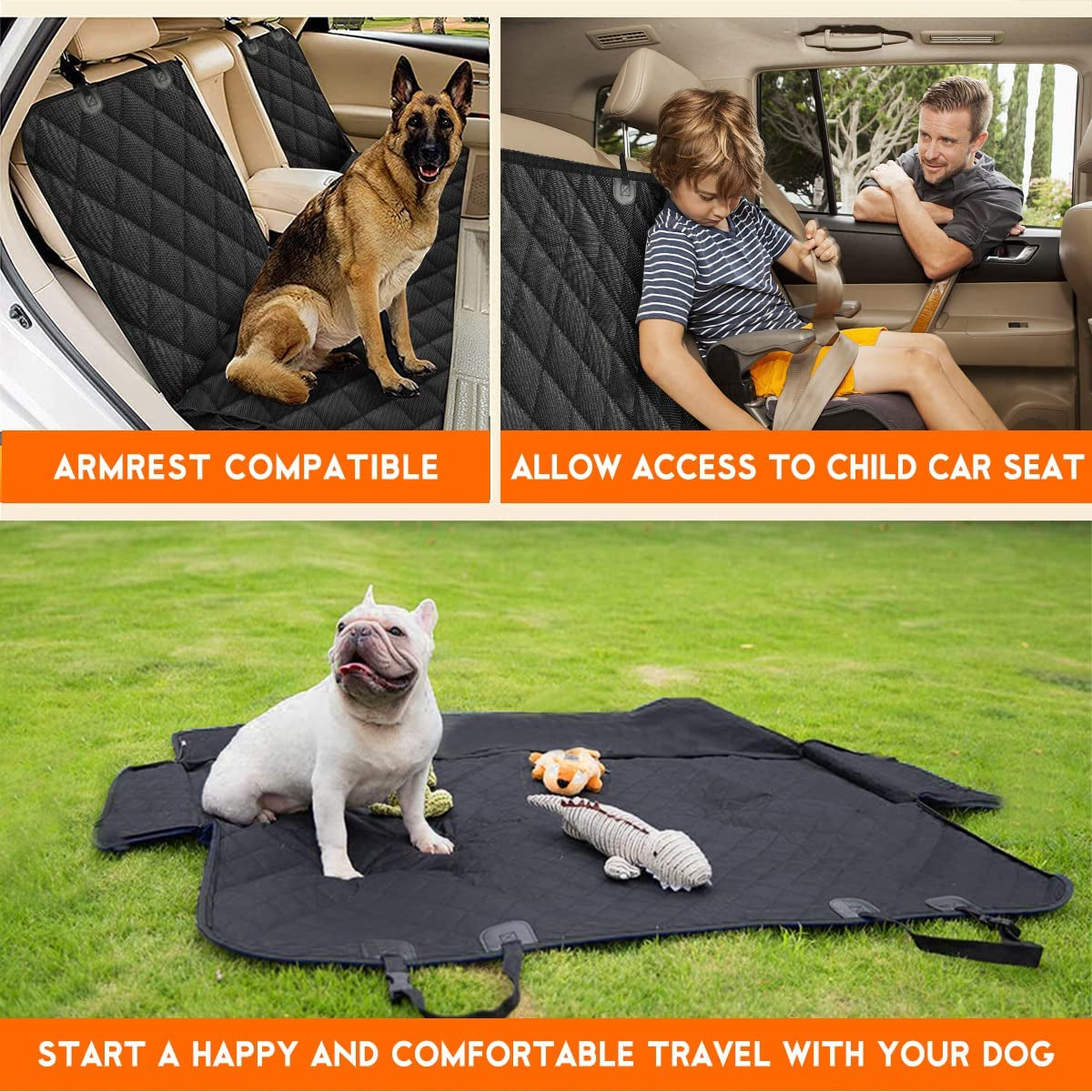 Waterproof Bench Car Seat Cover for Dogs, Non-Slip Rear Seat Cover Fits Middle Armrest for Most Cars Trucks & SUV's - Black